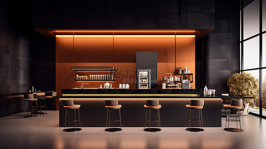 小茶几背景图片_带柜台和座位的豪华现代咖啡店内部的 3D 插图