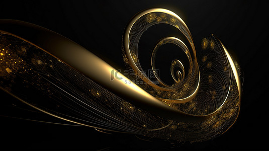 金色复古框背景图片_黑色背景上带有 3D 抽象装饰品和气泡的金色螺旋漩涡