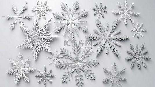雪天气卡通背景图片_在白色 3d 渲染集合上隔离的逼真雪花