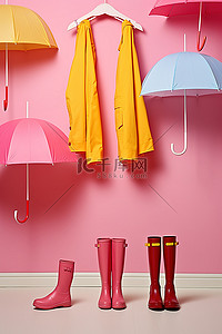 雨季背景图片_粉色婴儿毛衣白色雨衣和挂着的彩色雨伞