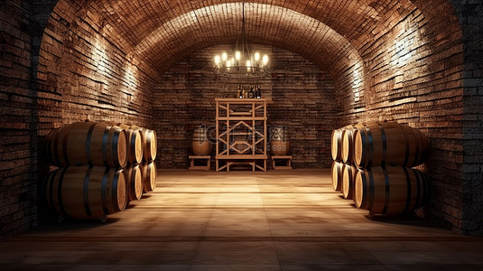 酒窖背景背景图片_酒窖内部的 3D 渲染，配有砖墙大理石地板和笼子里的酒桶