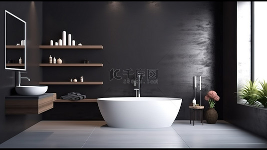浴室浴缸背景图片_带有深色墙壁装饰的时尚浴室设计的 3D 渲染