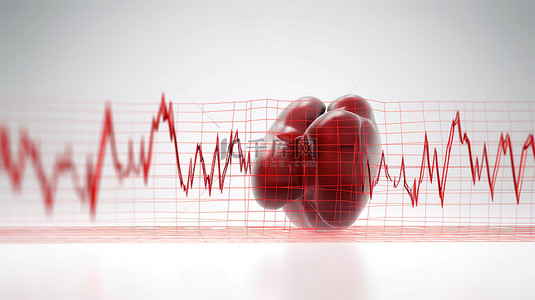3d 渲染白色背景心脏图标，带有红色脉冲线插图