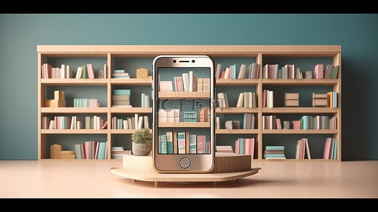 智能手机书店书架网上购物概念的 3D 插图