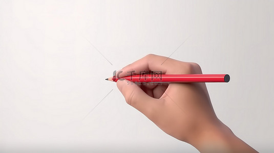 素描背景图片_3D 渲染的商业卡通模型，手握白色背景上的红色铅笔