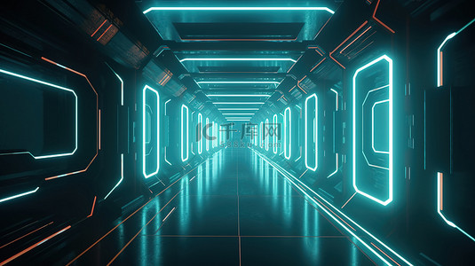 未来派插图一个霓虹灯矩形在 3D 渲染中翱翔在科幻走廊中
