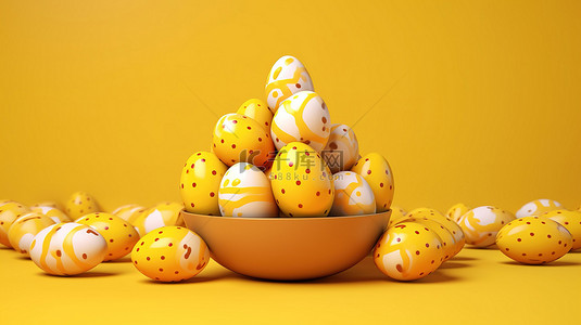 活力可爱背景图片_充满活力的复活节彩蛋在阳光明媚的黄色背景下展示 3D 渲染插图