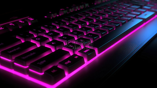 老式计算机背景图片_充满活力的 3D 渲染逼真的计算机或笔记本电脑键盘，黑色背景上带有粉红色霓虹灯