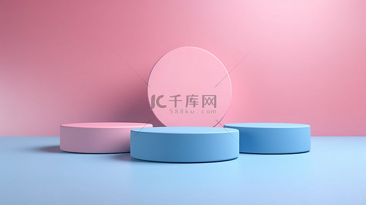 产品主图模版背景图片_蓝色背景上蓝色和粉色讲台的简约 3D 渲染，用于产品展示