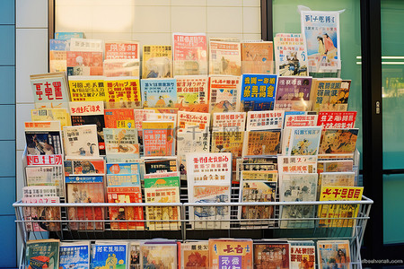 杂志手表背景图片_书店外陈列着许多杂志