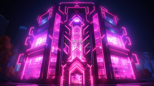 夜景城市科技背景图片_一座高耸建筑的 3D 渲染，用粉红色的灯光和 LED 屏幕照亮