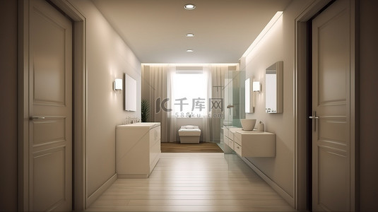 从浴室到卧室的走廊的 3D 渲染