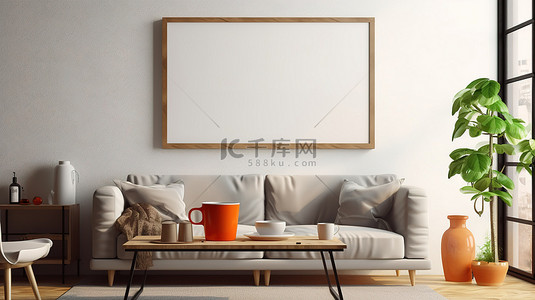 模板家具背景图片_舒适的客厅装饰，配有空白海报和时尚的家具，配有咖啡杯 3D 渲染