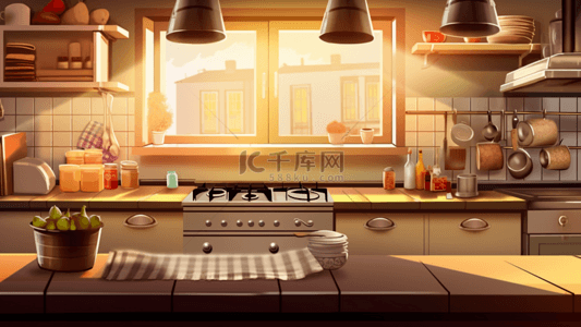 投影背景图片_厨房阳光窗户温馨卡通背景
