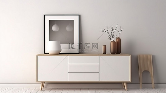 手绘的手部背景图片_优雅的白色室内样机海报，采用 3D 渲染创建的时尚餐具柜和家居装饰