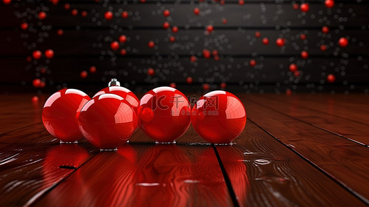 时尚的新年问候红球冰柱和木质背景的 3D 插图，适合节日的冬季