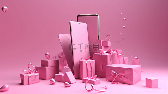 手机框背景图片_充满活力的粉红色背景与 3D 智能手机礼品盒，非常适合情人节或任何节日场合