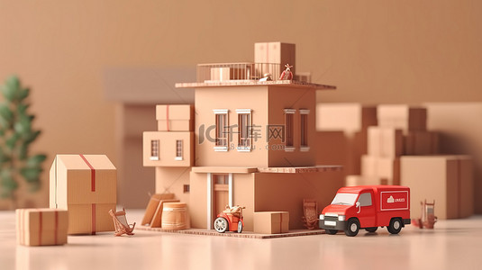 纸箱设计背景图片_用于搬家和网上购物的送货上门服务概念的 3D 渲染