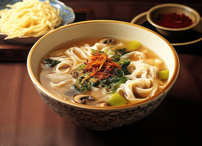 一碗韩国面条汤，里面有面条和蘑菇