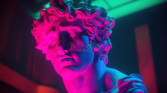 霓虹灯蒸汽波风格古典雕塑米开朗基罗的大卫头在 3D 渲染与电闪电