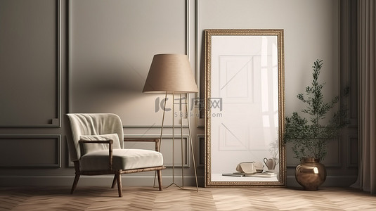 家居背景图片_3D 室内空间渲染的客厅插图，配有框架样机墙壁装饰椅子和落地灯