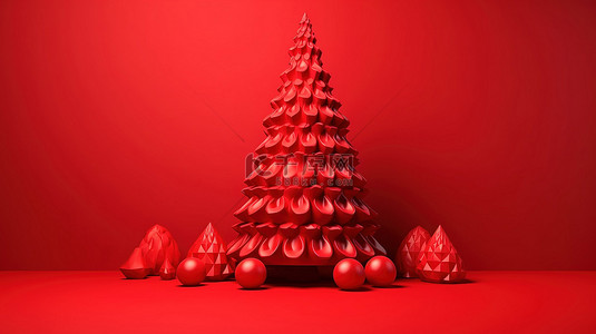 圣诞红色海报背景图片_由 3d 圣诞树装饰的红色背景