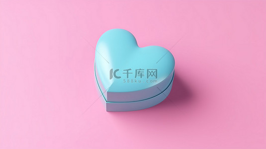 闲置蓝色心形礼盒，用于产品展示情人节主题粉色背景 3D 模型头顶拍摄平面视图