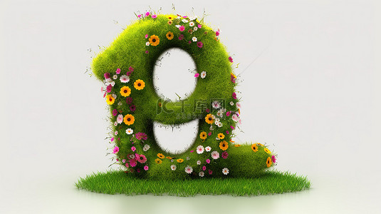 茂密的草地和色彩缤纷的花朵中的九号 3d 渲染