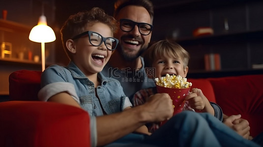 快乐的父子二人在室内沙发上看电影时享受 3D 眼镜和爆米花
