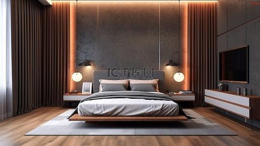时尚现代的卧室内饰，配有衣柜电视区床和床头柜，采用简约风格 3D 渲染