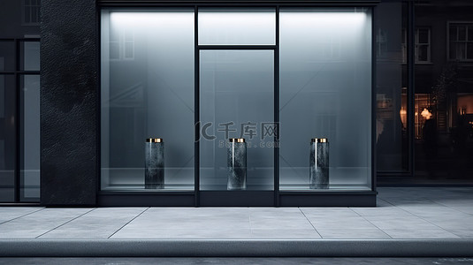地板背景图片_空店面的 3D 插图，采用时尚的黑色铝和玻璃大理石设计