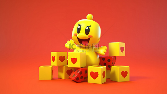 使用 3D 渲染技术创建的充满活力的黄色背景上，欢快的黄色卡通鸭吉祥物与红色游戏骰子立方体一起飞行