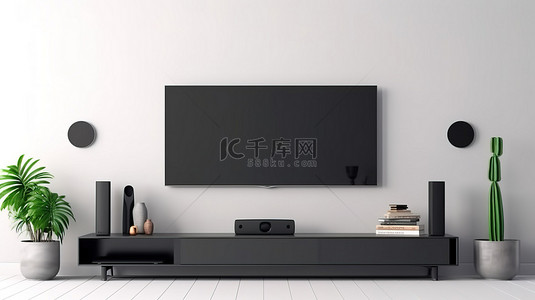 现代立式黑色智能电视模型在白色客厅 3D 渲染