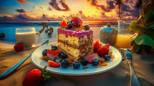 水果创意造型背景图片_夏天海滩水果奶油蛋糕甜品摄影广告背景