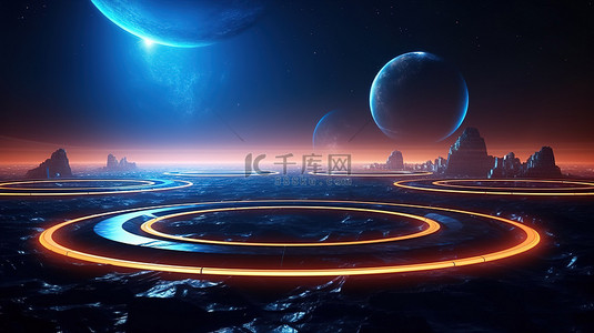 荧光背景图片_金属地板上发光的霓虹灯圆圈，在星空的未来科幻景观中
