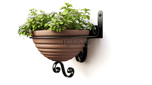 芭蕉叶盆栽背景图片_白色背景上带有支架的独立 3D 渲染花盆