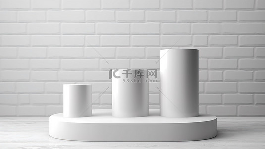 3D 渲染中彩绘砖背景产品展示架上的白色圆柱讲台三重奏