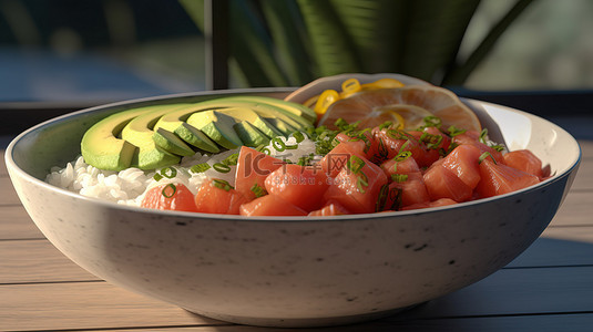 吃米饭背景图片_一个视觉上令人惊叹的 3D 再现的夏威夷 poke 碗，里面有新鲜的三文鱼米饭鳄梨鸡蛋洋葱和豆子