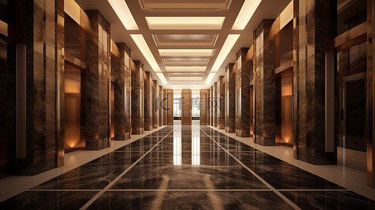 酒店电梯门厅采用宏伟的大理石和金属主题，配有高耸的柱子集成天花板照明和 3D 渲染