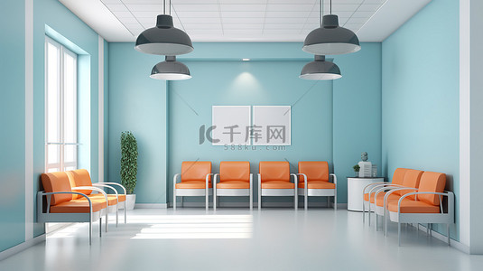 地板背景图片_诊所候诊室的 3D 渲染，配有橙色椅子浅蓝色墙壁和白色地板