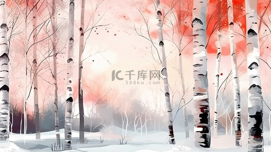 几何冬季背景图片_水彩抽象背景中的冬季森林，有桦树和图形树干