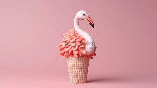 冰淇淋锥中的火烈鸟头是 3D 渲染中的简约夏季概念