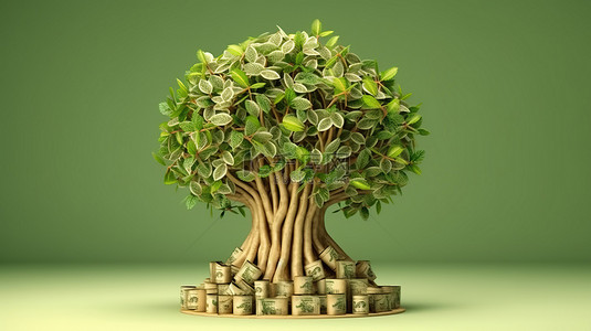 3D 渲染中的概念投资金钱树按大小顺序排列在一袋现金上