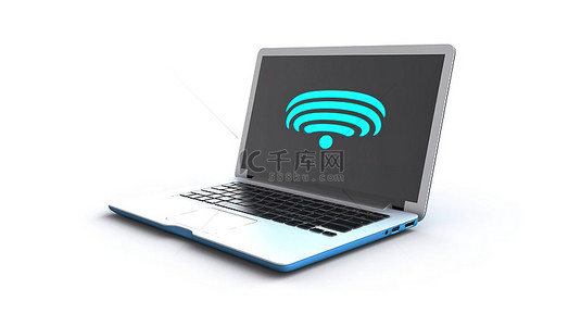 wifi背景图片_带有现代笔记本电脑的白色背景上 wifi 图标的 3d 插图