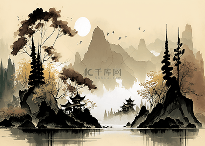 森林山顶背景图片_山峰河水水墨画背景