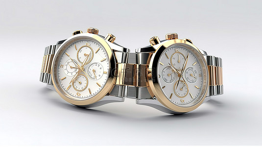 3D 渲染白色背景展示豪华经典模拟男士手腕金银手表