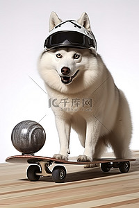 戴着头盔在滑板上的哈士奇狗
