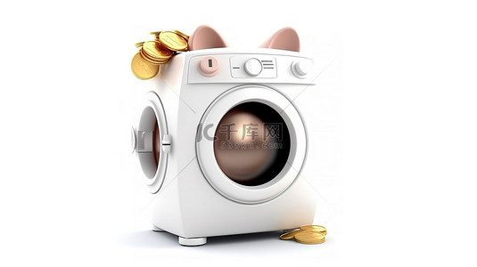 白色背景上拿着存钱罐和金币的现代白色洗衣机吉祥物的 3D 渲染