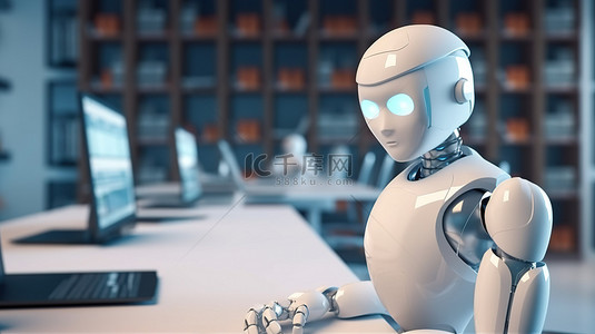 创新的办公室助理，一个 3D 渲染的 Android 机器人，描绘了自动化的未来