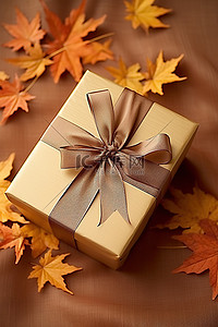 秋天礼物背景图片_用秋天的叶子包裹的礼品盒